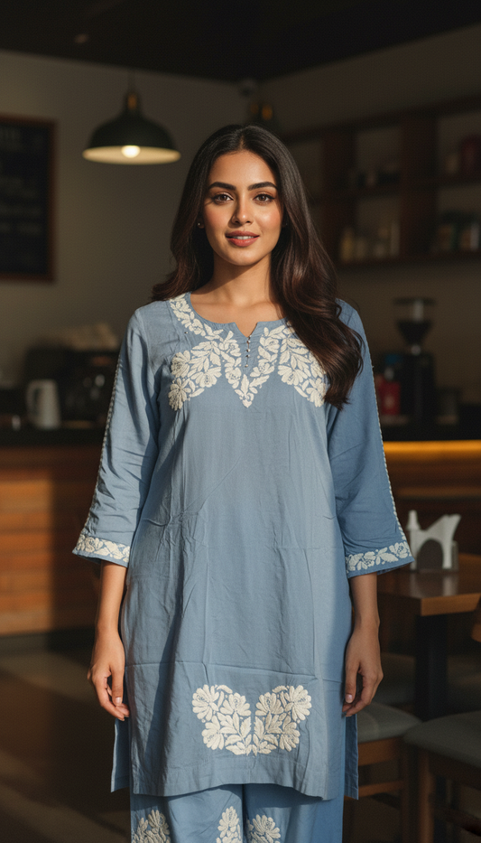 Aabroo Blue Lucknowi Chikankari Kurta Set