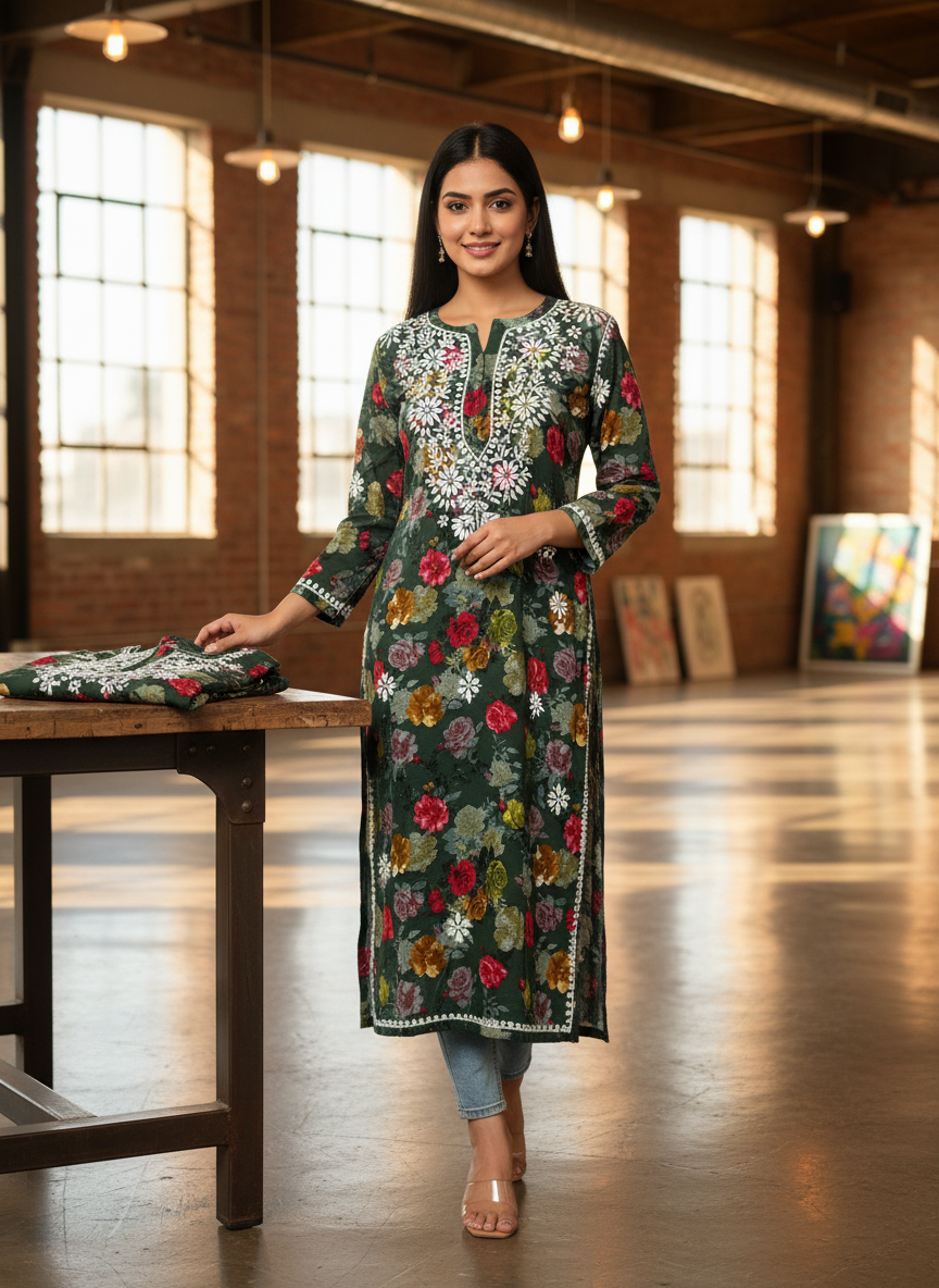 Phoolkari Green Kurti