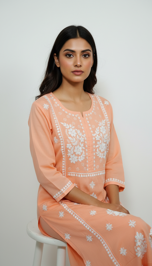 Gulnaar Peach Lucknowi Chikankari Kurta