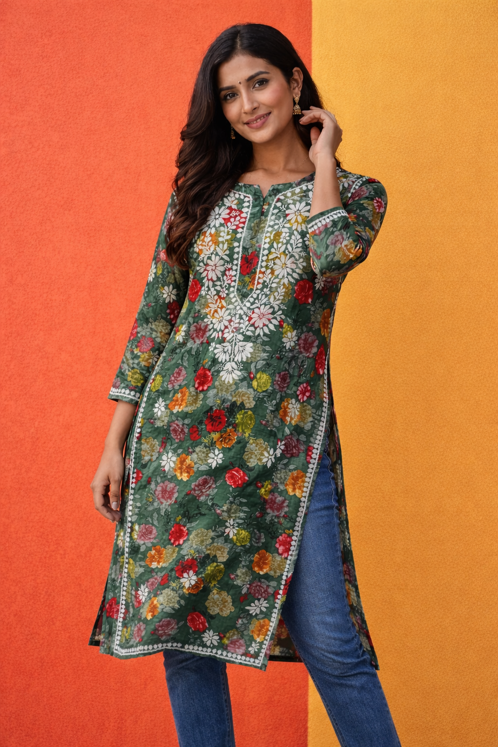 Phoolkari Green Kurti