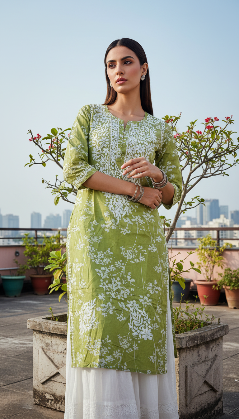 Sukoon Olive Green Lucknowi Chikankari Kurta