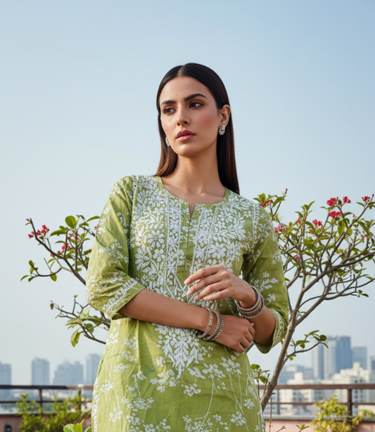 Sukoon Olive Green Lucknowi Chikankari Kurta