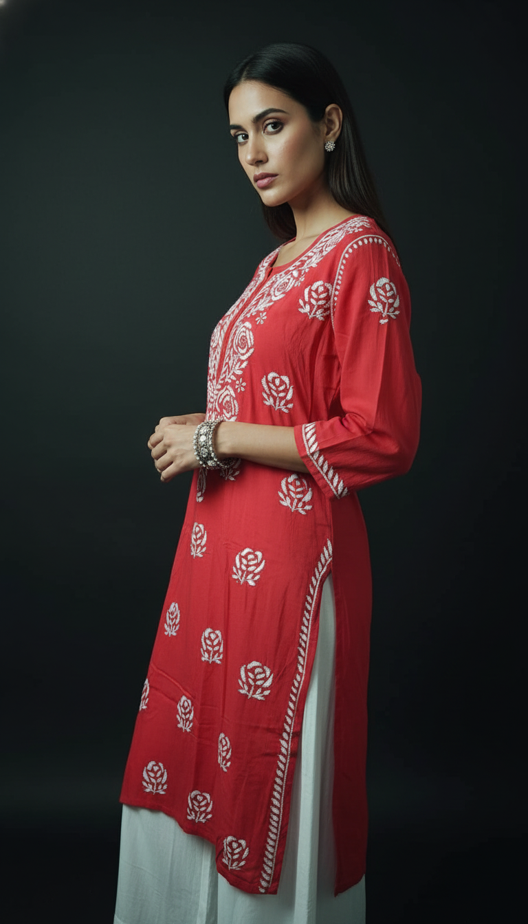 Rangrez Red Lucknowi Chikankari Kurta