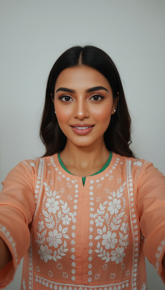 Gulnaar Peach Lucknowi Chikankari Kurta