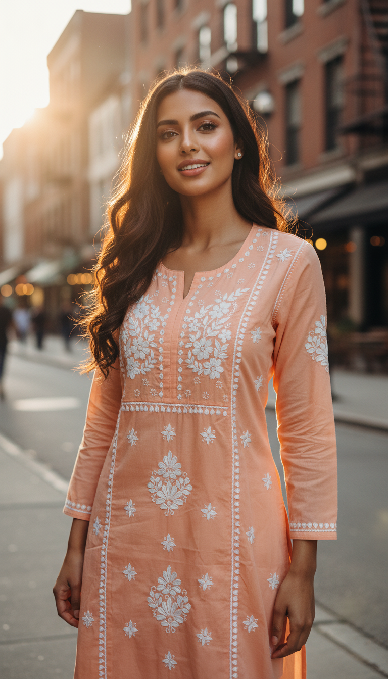 Gulnaar Peach Lucknowi Chikankari Kurta