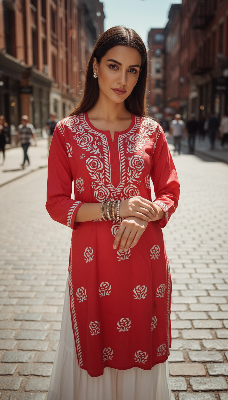 Rangrez Red Lucknowi Chikankari Kurta