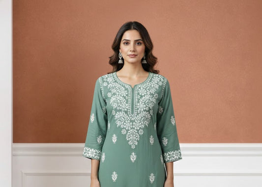 Sage Green Hand-Embroidered Chikankari Kurta Palazzo Set