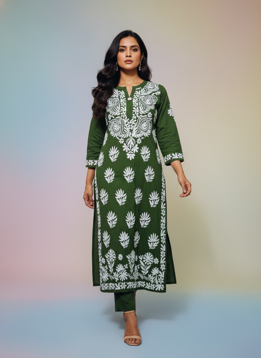 Zehra Bottle Green Lucknowi Chikankari Kurta Set