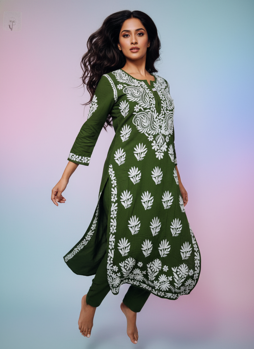 Zehra Bottle Green Lucknowi Chikankari Kurta Set
