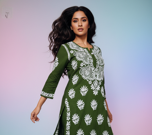 Zehra Bottle Green Lucknowi Chikankari Kurta Set